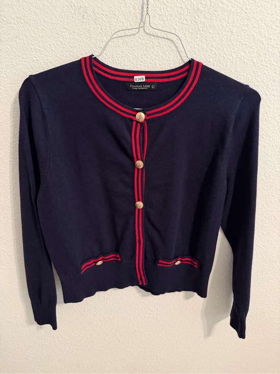 Emeron long Sweaters - Classic Navy Cardigan with Red Trim